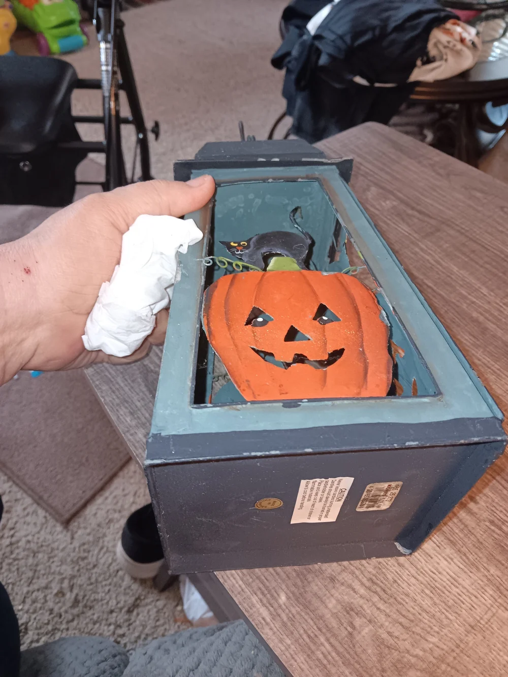 Black and Orange Pumpkin Lantern with Black Cat Accents
